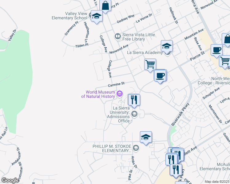 map of restaurants, bars, coffee shops, grocery stores, and more near 11716 Hazeldell Drive in Riverside