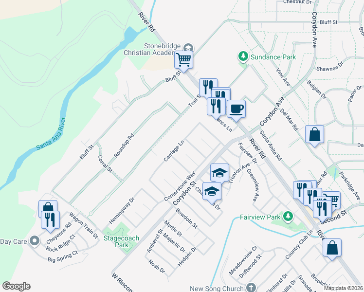 map of restaurants, bars, coffee shops, grocery stores, and more near 1275 Carriage Lane in Corona