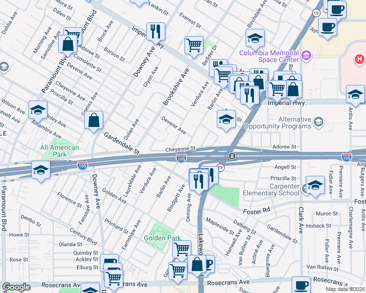 map of restaurants, bars, coffee shops, grocery stores, and more near 12935 Barlin Avenue in Downey