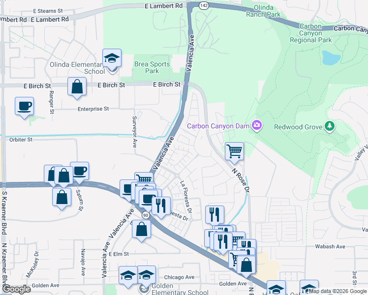 map of restaurants, bars, coffee shops, grocery stores, and more near 3407 Paseo Drive in Brea