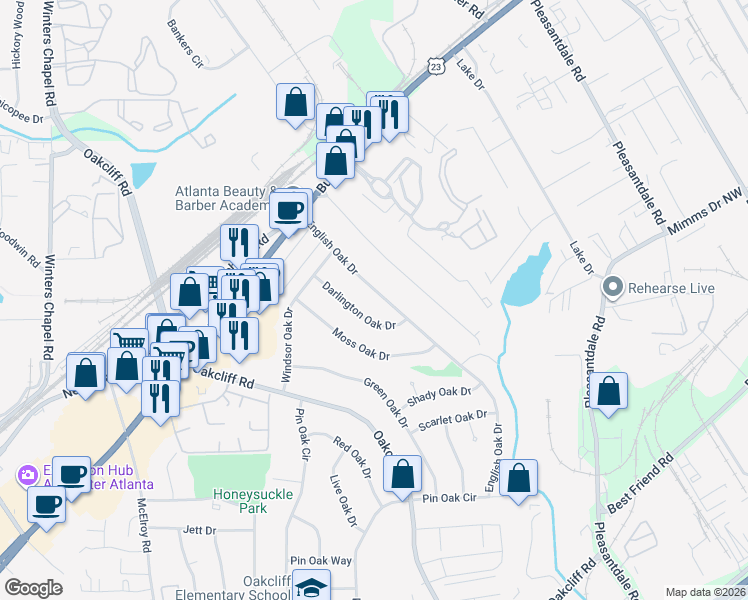 map of restaurants, bars, coffee shops, grocery stores, and more near 3194 Darlington Oak Drive in Doraville