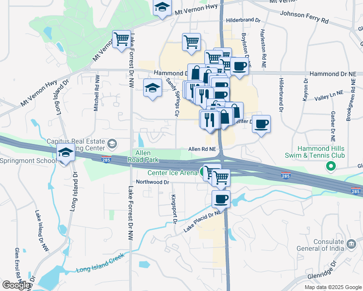 map of restaurants, bars, coffee shops, grocery stores, and more near 130 Allen Road Northeast in Atlanta