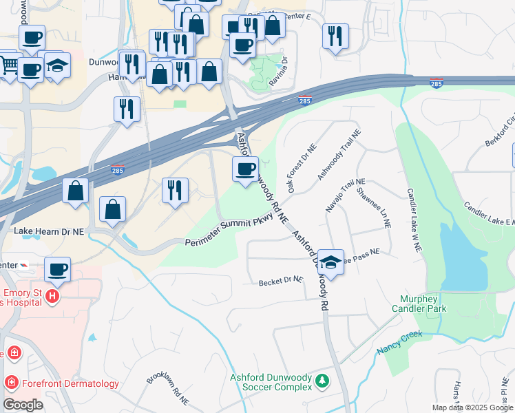 map of restaurants, bars, coffee shops, grocery stores, and more near 4150 Ashford Dunwoody Road in Brookhaven