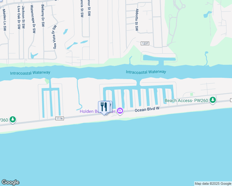 map of restaurants, bars, coffee shops, grocery stores, and more near 131 Durham Street in Holden Beach