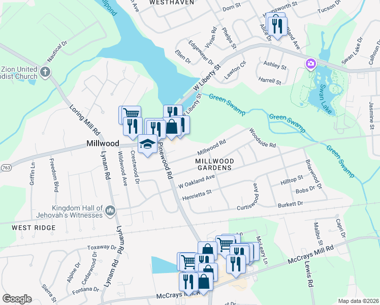map of restaurants, bars, coffee shops, grocery stores, and more near 1912 Millwood Road in Sumter