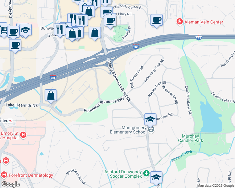map of restaurants, bars, coffee shops, grocery stores, and more near 4150 Ashford Dunwoody Road in Brookhaven
