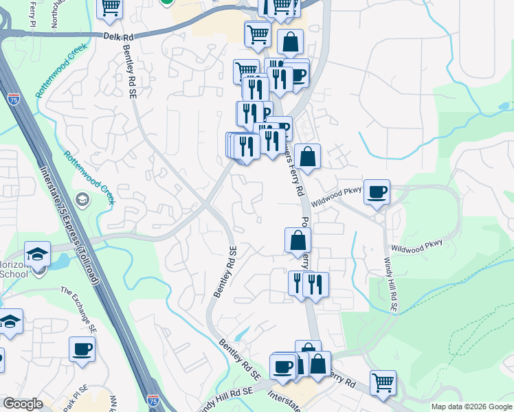 map of restaurants, bars, coffee shops, grocery stores, and more near 1008 Wynnes Ridge Circle in Marietta