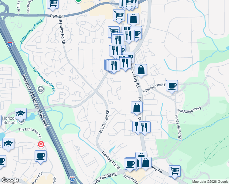 map of restaurants, bars, coffee shops, grocery stores, and more near 803 Wynnes Ridge Circle in Marietta