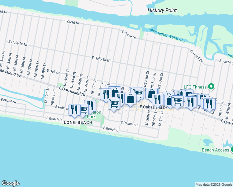map of restaurants, bars, coffee shops, grocery stores, and more near 106 Northeast 50th Street in Oak Island