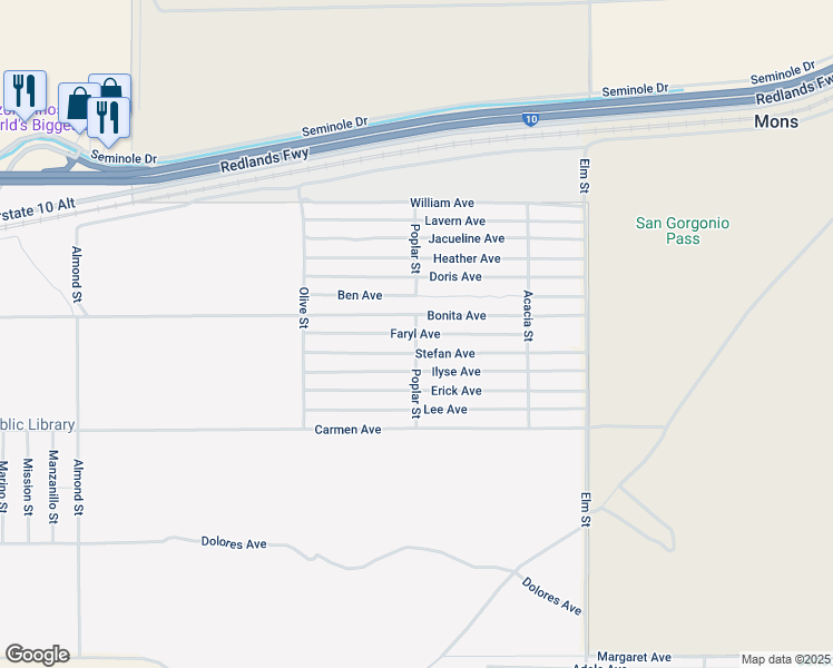 map of restaurants, bars, coffee shops, grocery stores, and more near Faryl Avenue in Cabazon