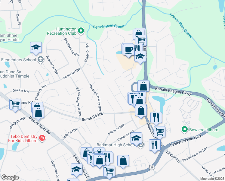 map of restaurants, bars, coffee shops, grocery stores, and more near 668 Burnt Creek Drive Northwest in Lilburn