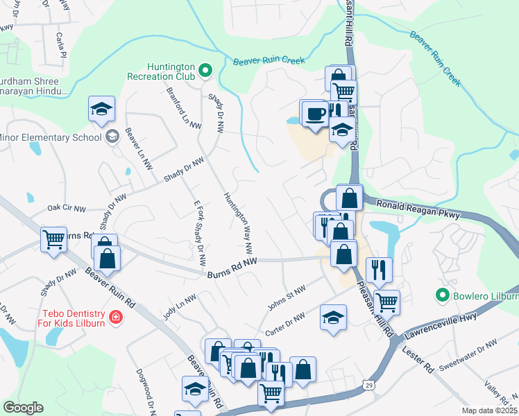 map of restaurants, bars, coffee shops, grocery stores, and more near 708 Burnt Creek Drive Northwest in Lilburn