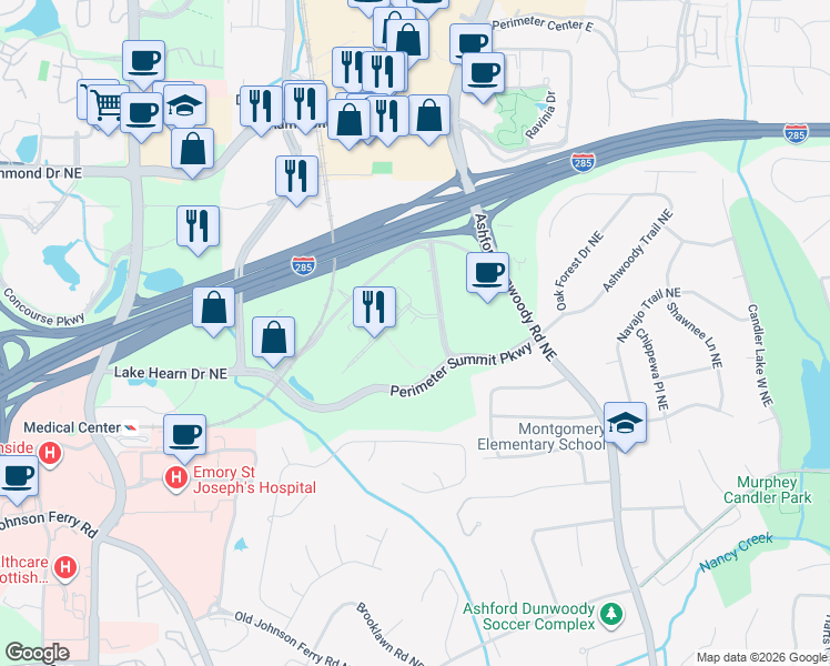 map of restaurants, bars, coffee shops, grocery stores, and more near 10 Perimeter Summit Boulevard in Atlanta