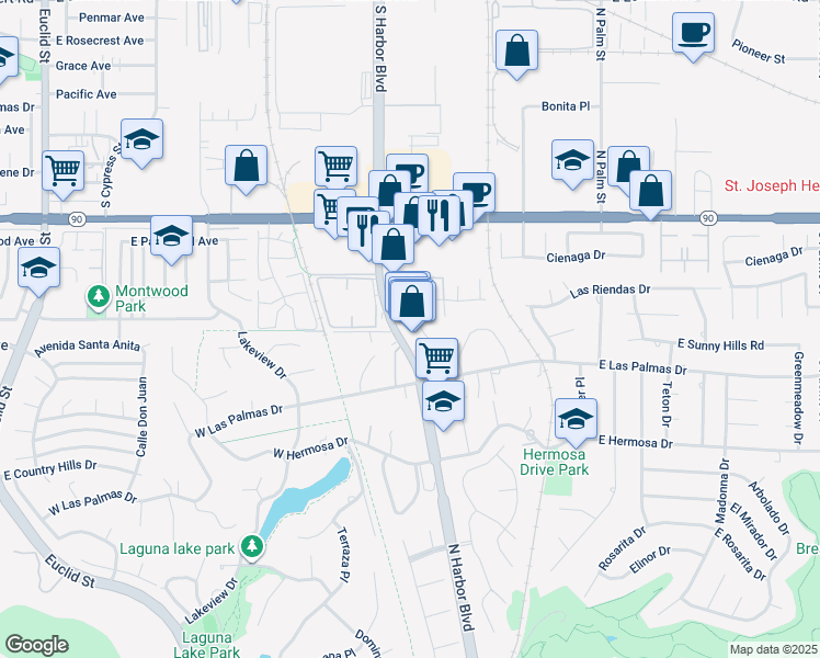 map of restaurants, bars, coffee shops, grocery stores, and more near 1472 South Harbor Boulevard in La Habra