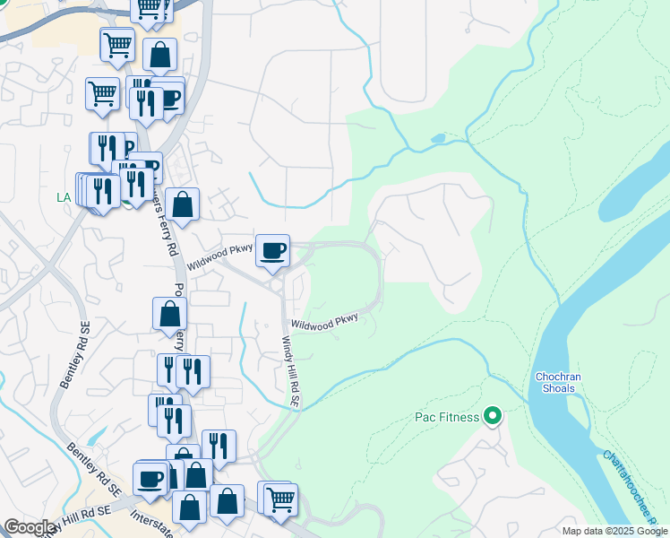 map of restaurants, bars, coffee shops, grocery stores, and more near 4100 Wildwood Parkway in Atlanta