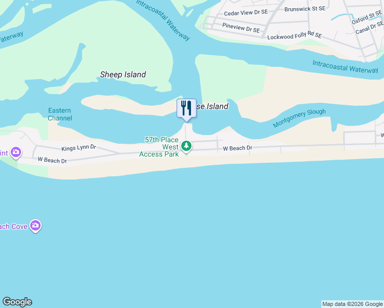 map of restaurants, bars, coffee shops, grocery stores, and more near 5423 West Beach Drive in Oak Island