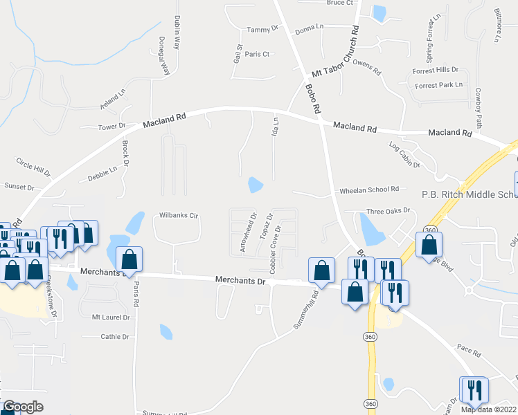 map of restaurants, bars, coffee shops, grocery stores, and more near 457 Arrowhead Drive in Dallas
