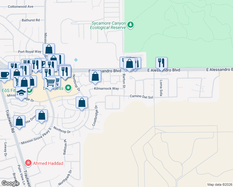 map of restaurants, bars, coffee shops, grocery stores, and more near 952 Camino Del Sol in Riverside