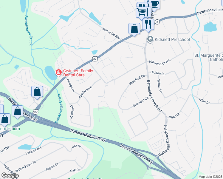 map of restaurants, bars, coffee shops, grocery stores, and more near 3256 Hamilton Road Northwest in Lawrenceville