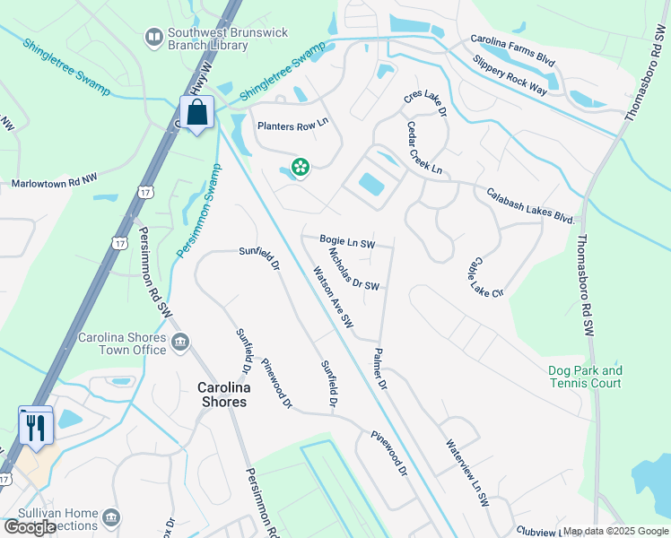 map of restaurants, bars, coffee shops, grocery stores, and more near 840 Nicholas Drive Southwest in Calabash