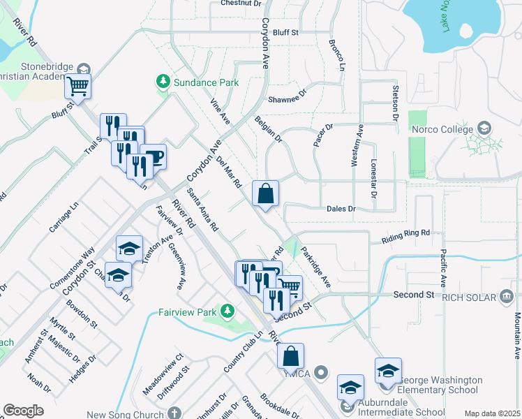 map of restaurants, bars, coffee shops, grocery stores, and more near 2203 Del Mar Road in Norco