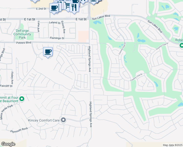 map of restaurants, bars, coffee shops, grocery stores, and more near 1331 Cypress Point Drive in Banning