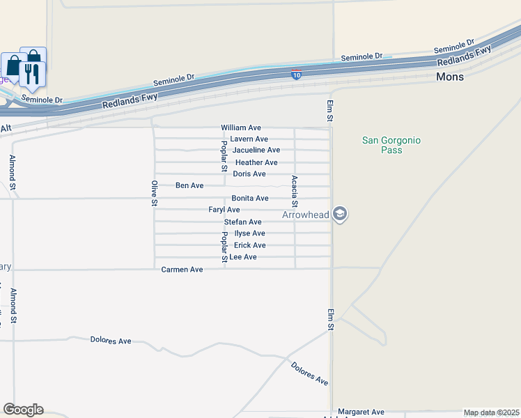map of restaurants, bars, coffee shops, grocery stores, and more near Faryl Avenue in Cabazon