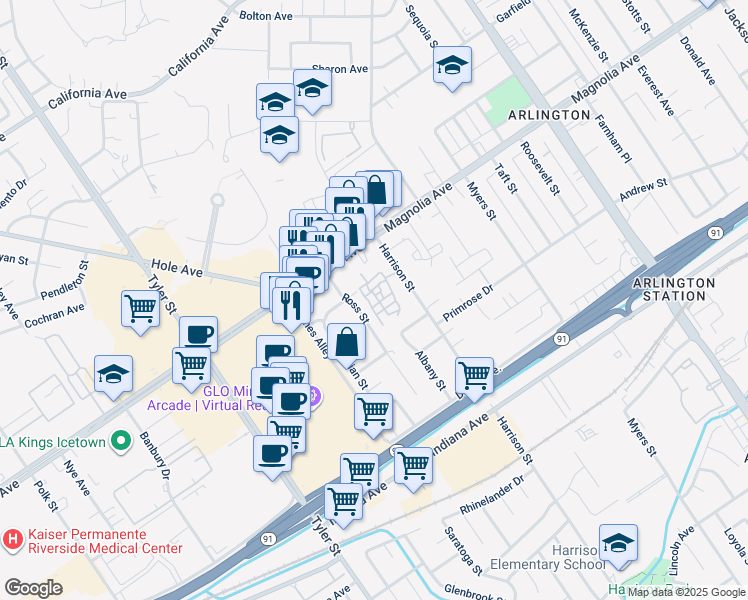 map of restaurants, bars, coffee shops, grocery stores, and more near 3705 Ross Street in Riverside