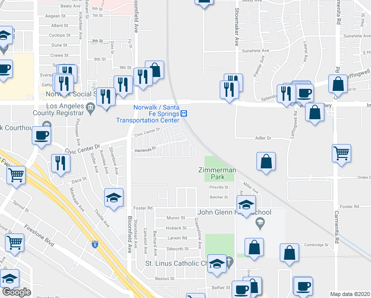 map of restaurants, bars, coffee shops, grocery stores, and more near 12931 Navajo Lane in Norwalk