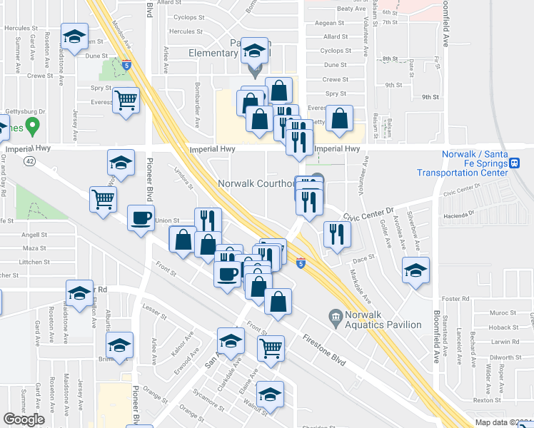 map of restaurants, bars, coffee shops, grocery stores, and more near 12117 Adoree Street in Norwalk