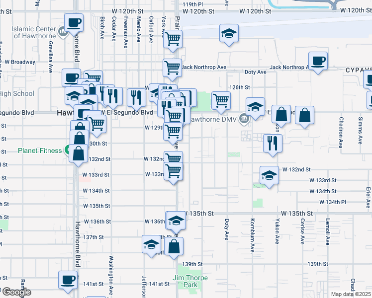 map of restaurants, bars, coffee shops, grocery stores, and more near 13106 Roselle Avenue in Hawthorne