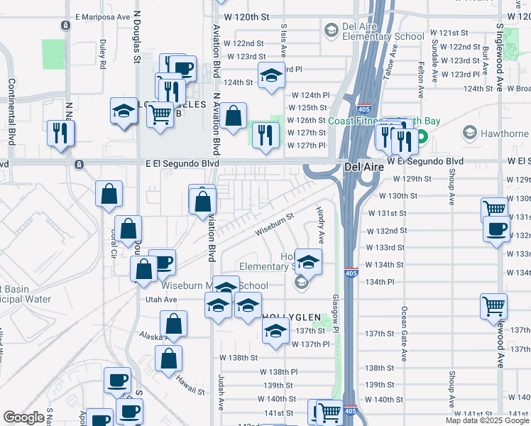map of restaurants, bars, coffee shops, grocery stores, and more near 5421 Wiseburn Street in Hawthorne