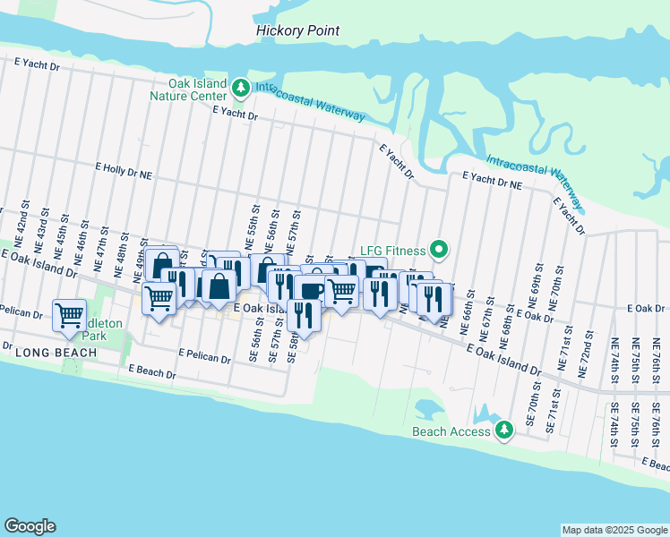 map of restaurants, bars, coffee shops, grocery stores, and more near 109 Northeast 59th Street in Oak Island