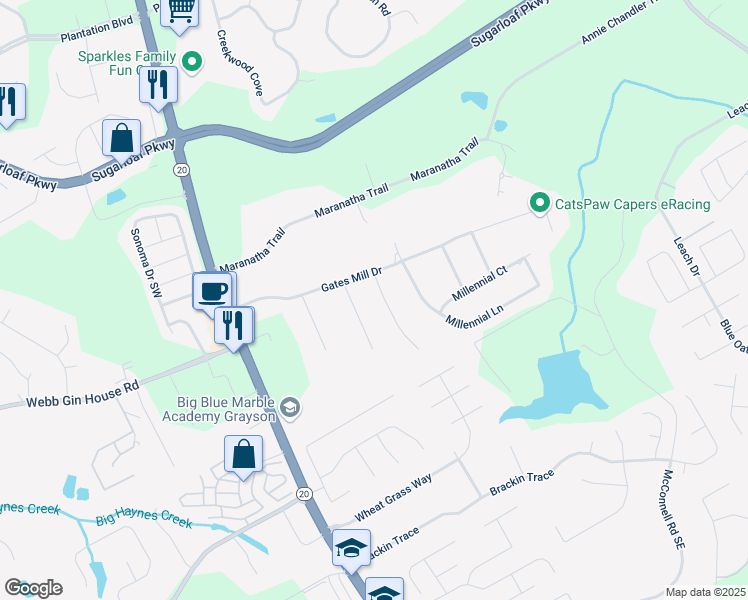 map of restaurants, bars, coffee shops, grocery stores, and more near 1391 Sutters Drive in Lawrenceville