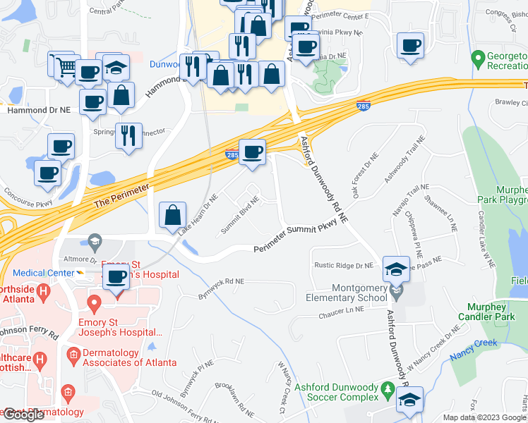 map of restaurants, bars, coffee shops, grocery stores, and more near 10 Perimeter Summit Pkwy in Atlanta
