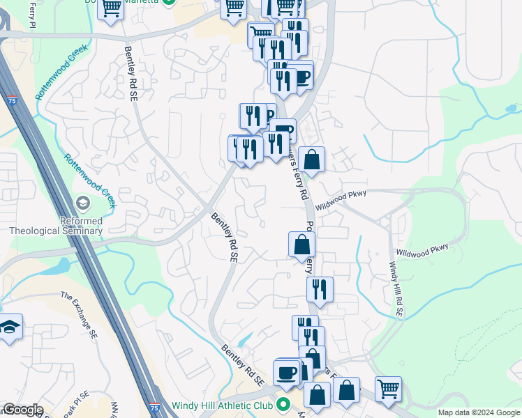 map of restaurants, bars, coffee shops, grocery stores, and more near 1008 Wynnes Ridge Circle in Marietta