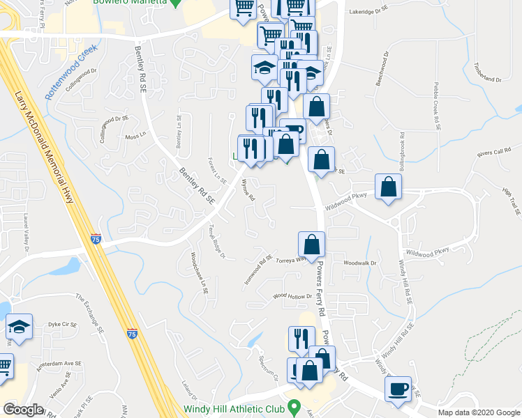 map of restaurants, bars, coffee shops, grocery stores, and more near 803 Wynnes Ridge Circle in Marietta