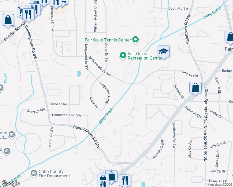 map of restaurants, bars, coffee shops, grocery stores, and more near 1560 Brandon Drive Southwest in Marietta
