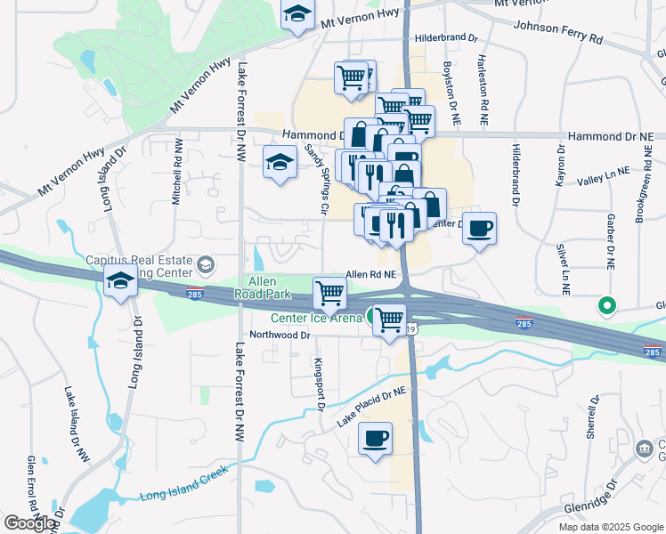 map of restaurants, bars, coffee shops, grocery stores, and more near 130 Allen Road Northeast in Atlanta