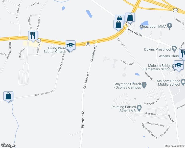map of restaurants, bars, coffee shops, grocery stores, and more near 2510 Clotfelter Road in Bogart