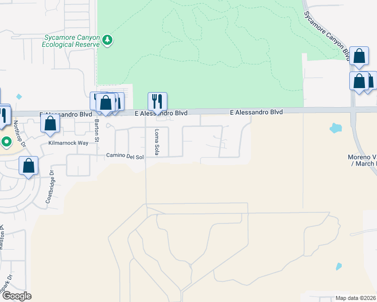 map of restaurants, bars, coffee shops, grocery stores, and more near 14238 Avenida Munoz in Riverside