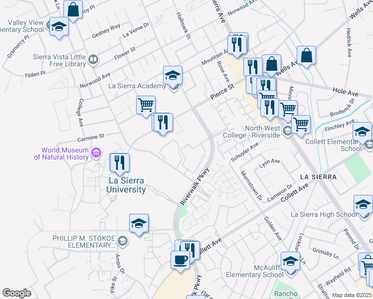 map of restaurants, bars, coffee shops, grocery stores, and more near 4685 Sierra Vista Avenue in Riverside
