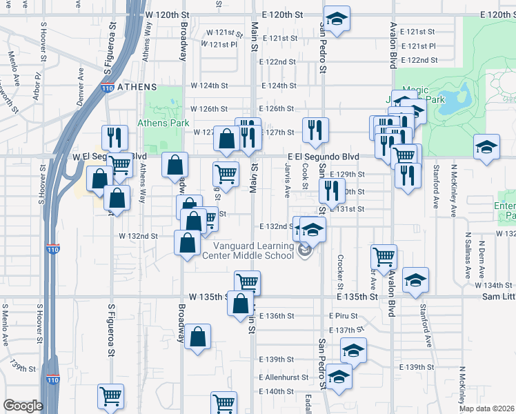 map of restaurants, bars, coffee shops, grocery stores, and more near 13032 Main Street in Los Angeles