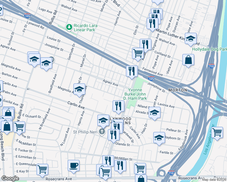 map of restaurants, bars, coffee shops, grocery stores, and more near 12029 2nd Avenue in Lynwood