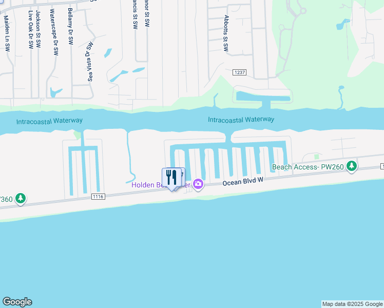 map of restaurants, bars, coffee shops, grocery stores, and more near 131 Durham Street in Holden Beach