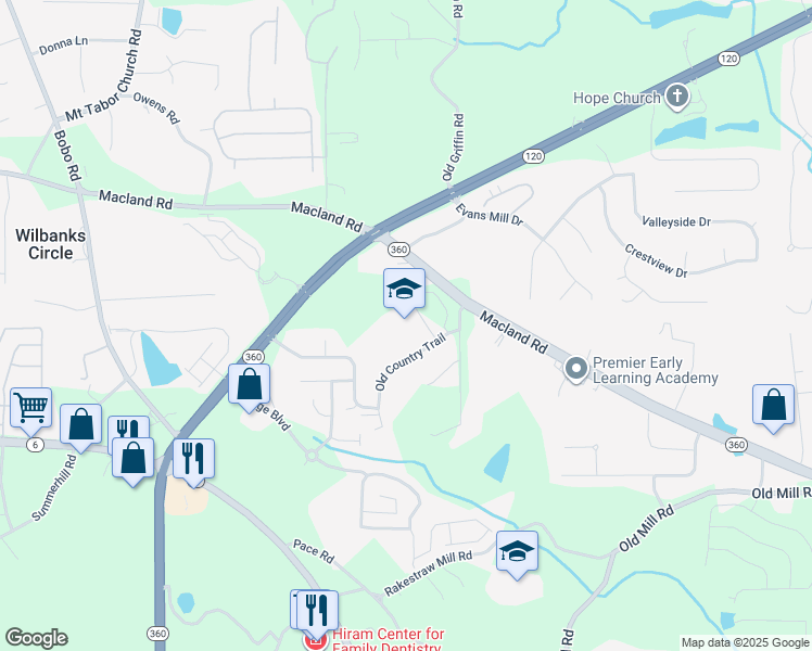 map of restaurants, bars, coffee shops, grocery stores, and more near 60 Old Country Trail in Dallas