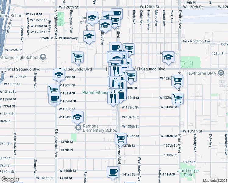 map of restaurants, bars, coffee shops, grocery stores, and more near 13107 Hawthorne Boulevard in Hawthorne
