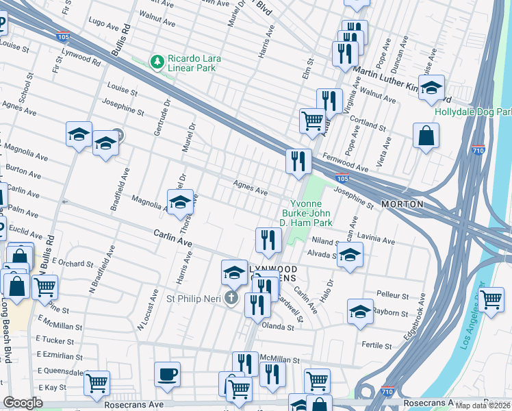 map of restaurants, bars, coffee shops, grocery stores, and more near 12029 2nd Avenue in Lynwood