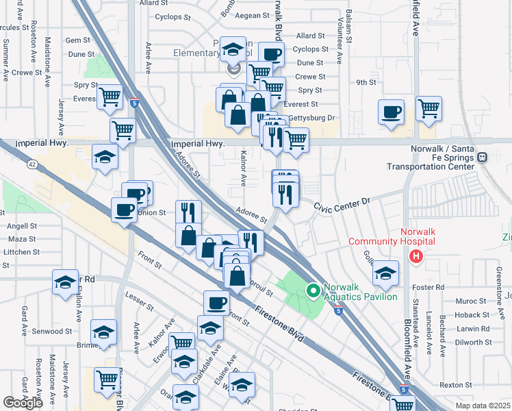 map of restaurants, bars, coffee shops, grocery stores, and more near 12810 Kalnor Avenue in Norwalk