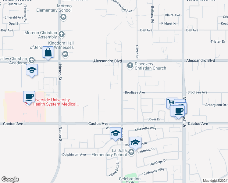 map of restaurants, bars, coffee shops, grocery stores, and more near 14188 Pandora Street in Moreno Valley